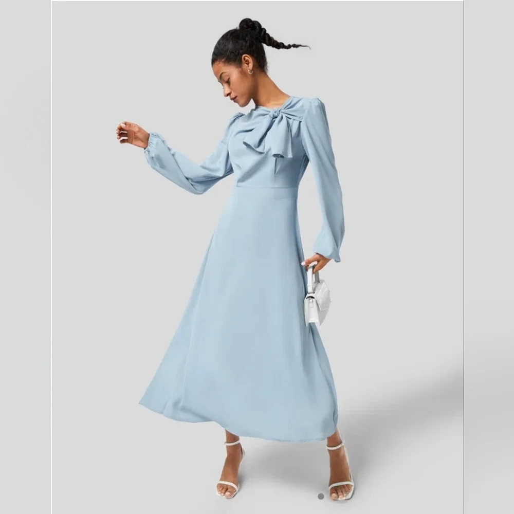 🛍HALARA Tie Neck Puff Long Sleeve Back Zipper Flowy Midi Work Dress,Large - Picture 2 of 16